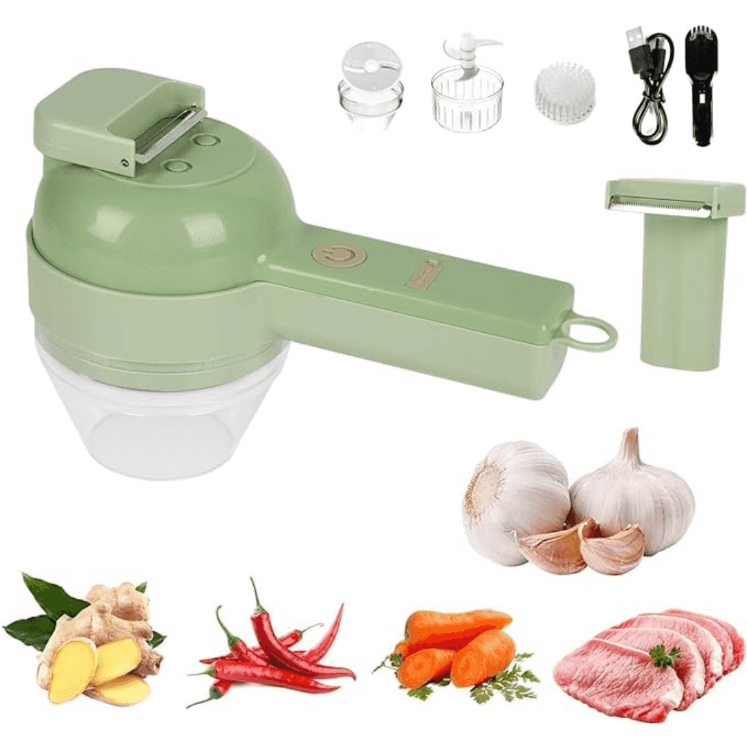 Juego de cortadores de verduras eléctricos de mano, 4 en 1, mini cortador de alimentos de ajo, portátil, inalámbrico, mini rebanador de verduras para cocina